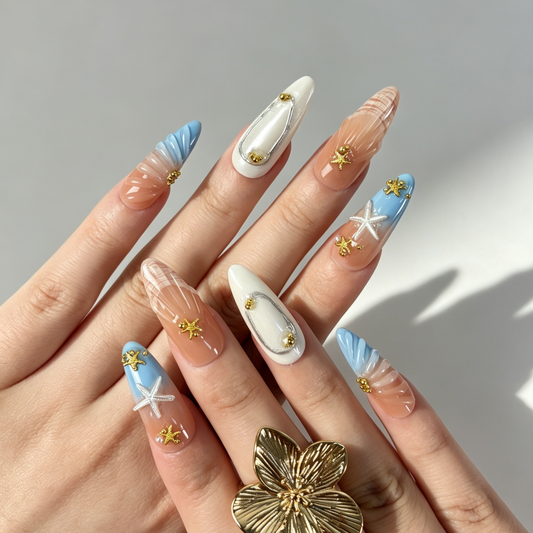 Pastel Coastal Press On Nails, Peach Blue Gradient Starfish Shell Nails on Hand