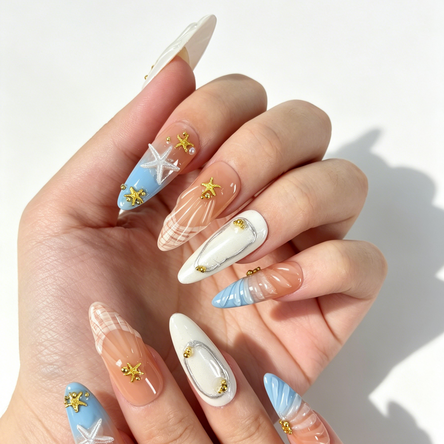 Close Up Ocean Nail Art, 3D Starfish Embossed Shell Wave Gold Bead Decor