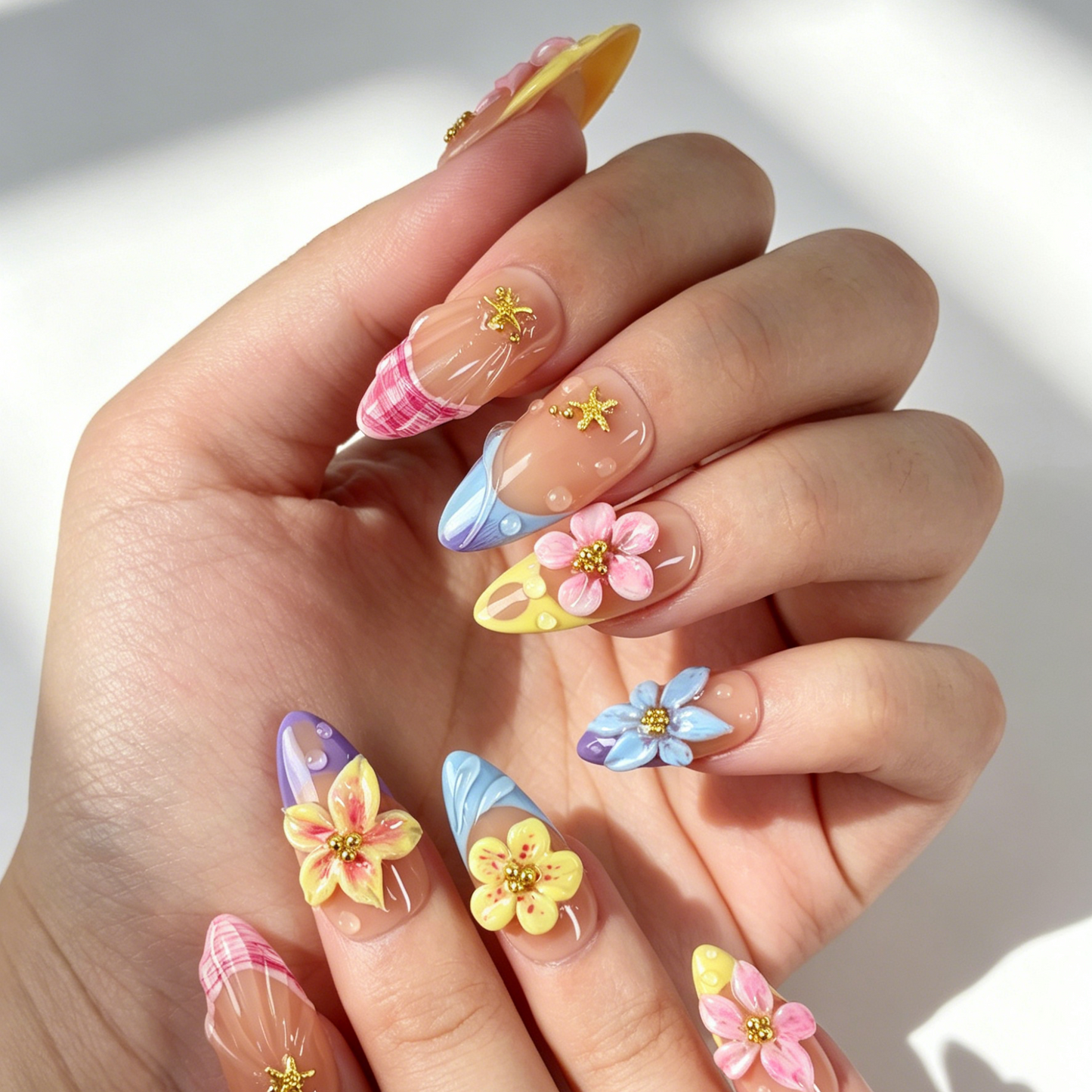 Close Up Beach Nail Art, 3D Colorful Flower Gold Starfish Embossed Water Drop Decor