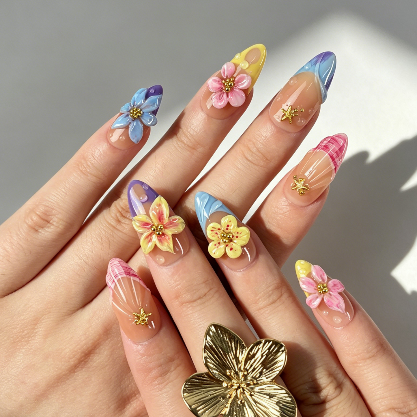Vibrant Tropical Press On Nails, Nude Gradient Colorful Flower Starfish Nails on Hand