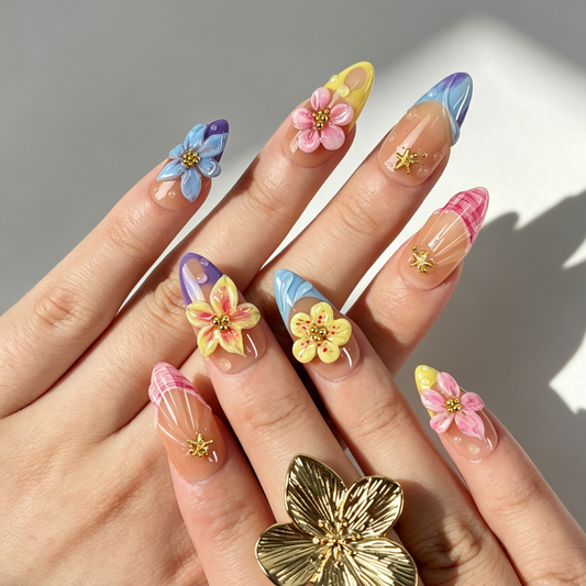 Vibrant Tropical Press On Nails, Nude Gradient Colorful Flower Starfish Nails on Hand