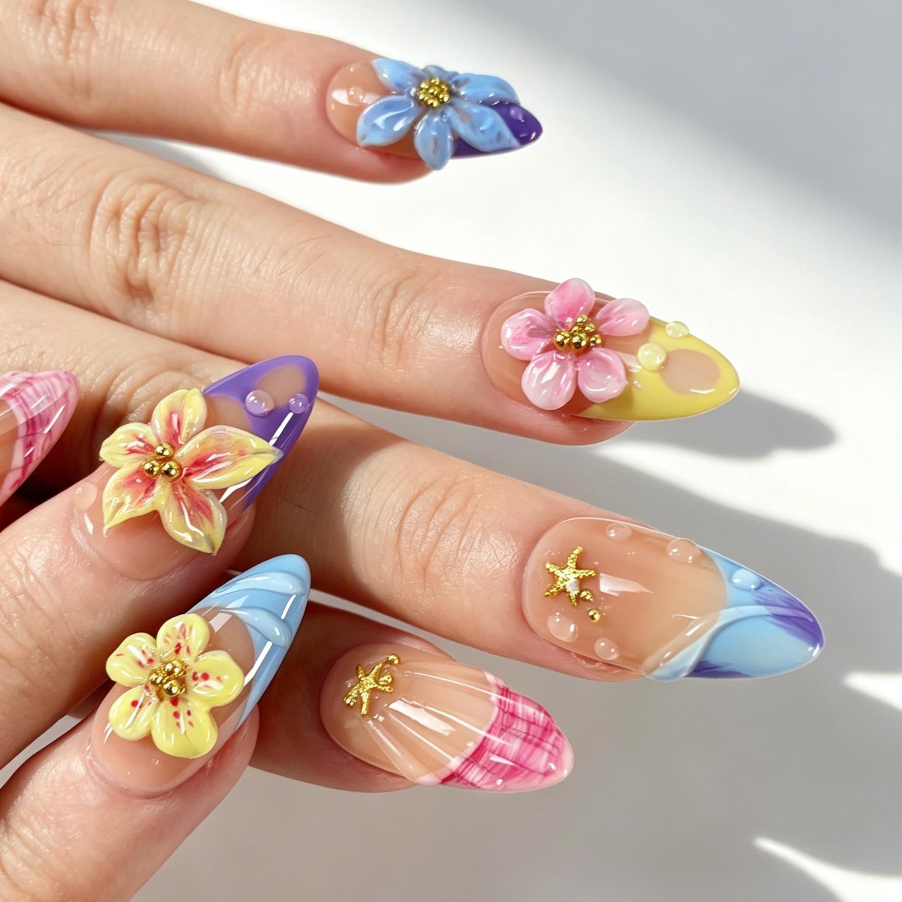 Bright Summer Floral Press On Nails, Medium Almond Nude Fake Nails