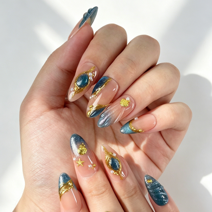 Mermaid Ocean Cat Eye Press On Nails, Medium Almond Nude Fake Nails