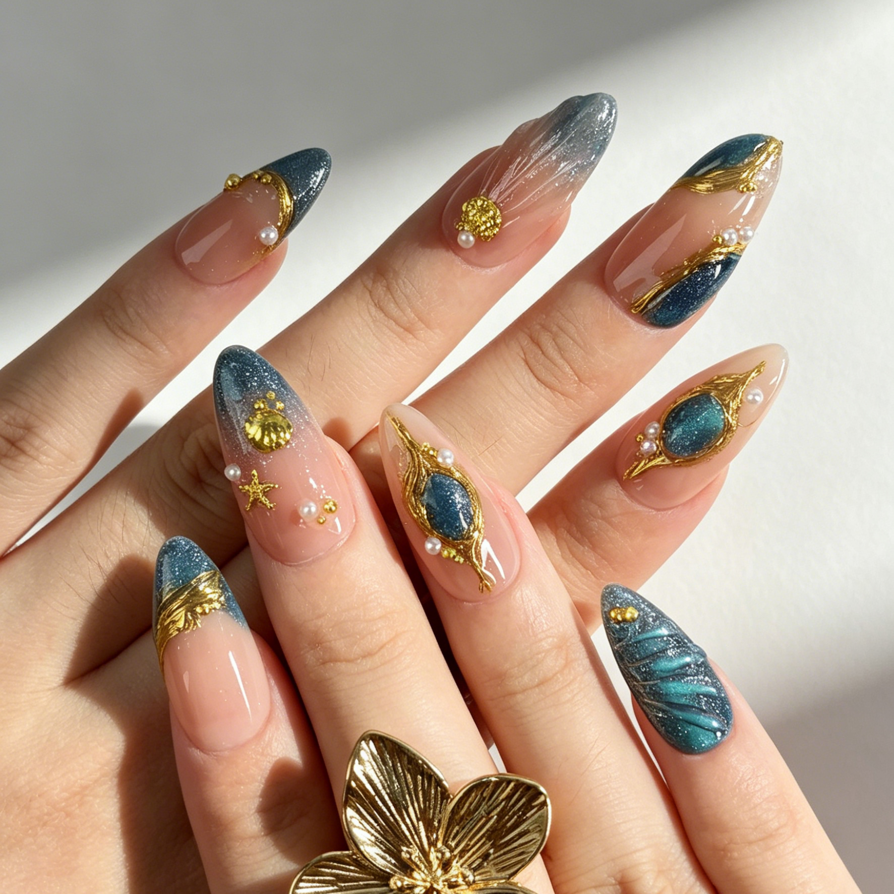 Luxury Coastal Press On Nails, Nude Blue Purple Cat Eye Gold Metal Sea Nails on Hand
