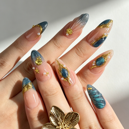 Luxury Coastal Press On Nails, Nude Blue Purple Cat Eye Gold Metal Sea Nails on Hand