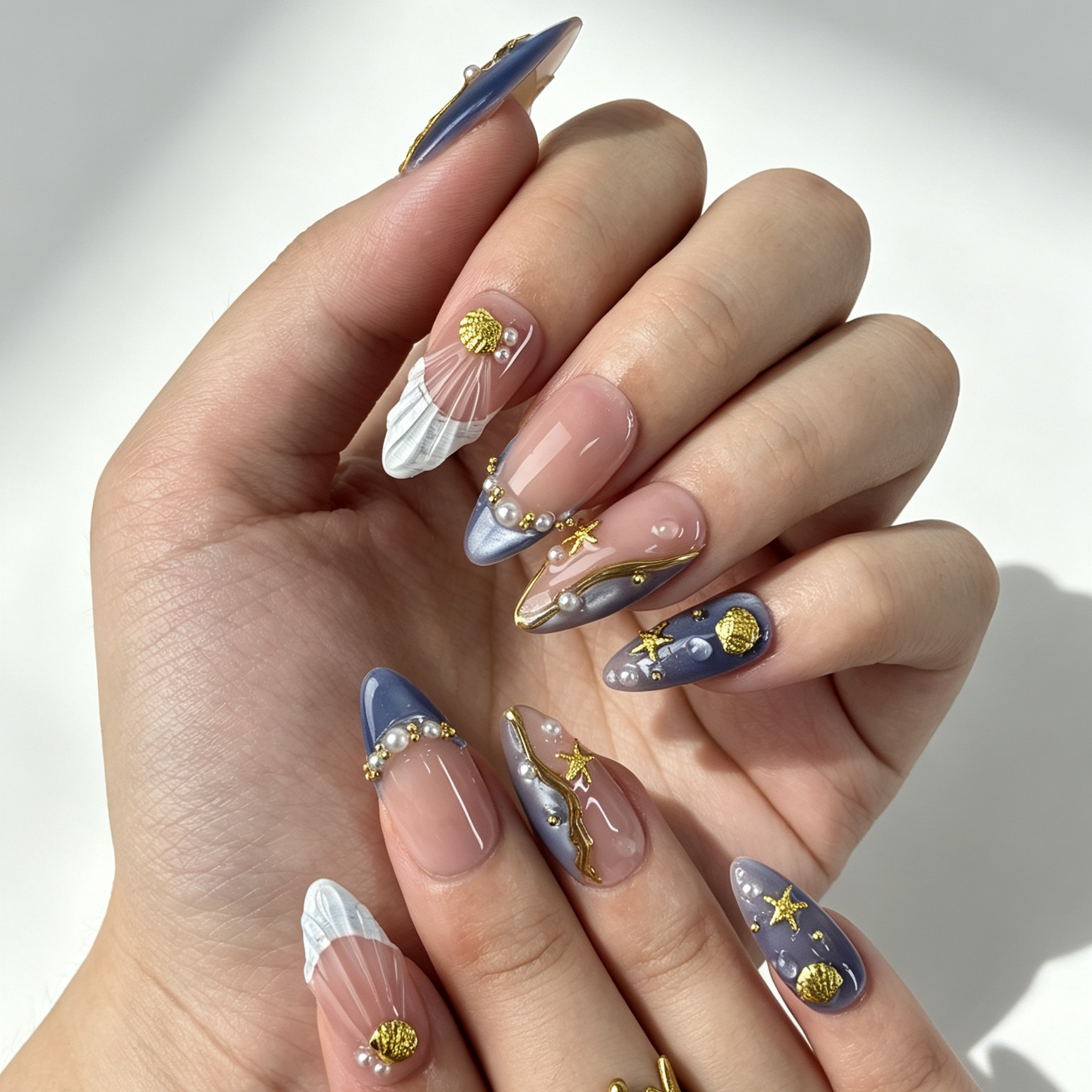 Close Up Ocean Nail Art, Gold Metal Wire Starfish Shell Pearl Cat Eye Wave Decor