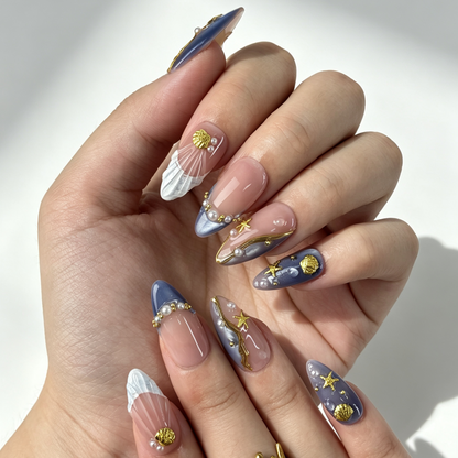 Close Up Ocean Nail Art, Gold Metal Wire Starfish Shell Pearl Cat Eye Wave Decor