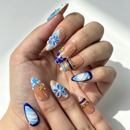 Close Up Beach Nail Art, 3D Blue Flower Embossed Wave Starfish Rhinestone Decor