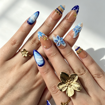 Summer Coastal Press On Nails, Nude Blue Gradient 3D Flower Starfish Nails on Hand
