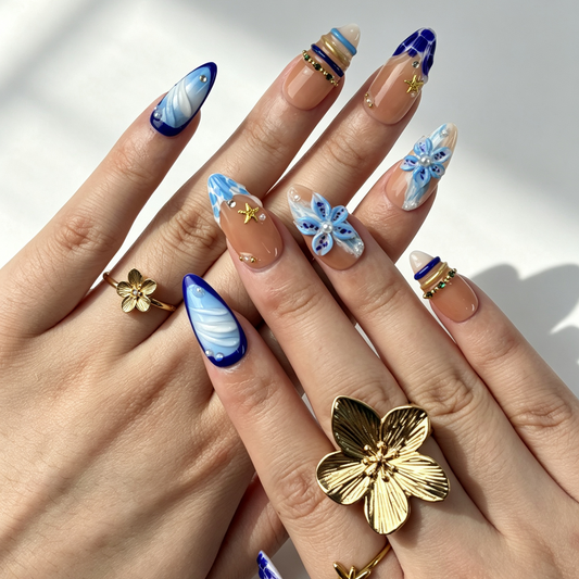 Summer Coastal Press On Nails, Nude Blue Gradient 3D Flower Starfish Nails on Hand