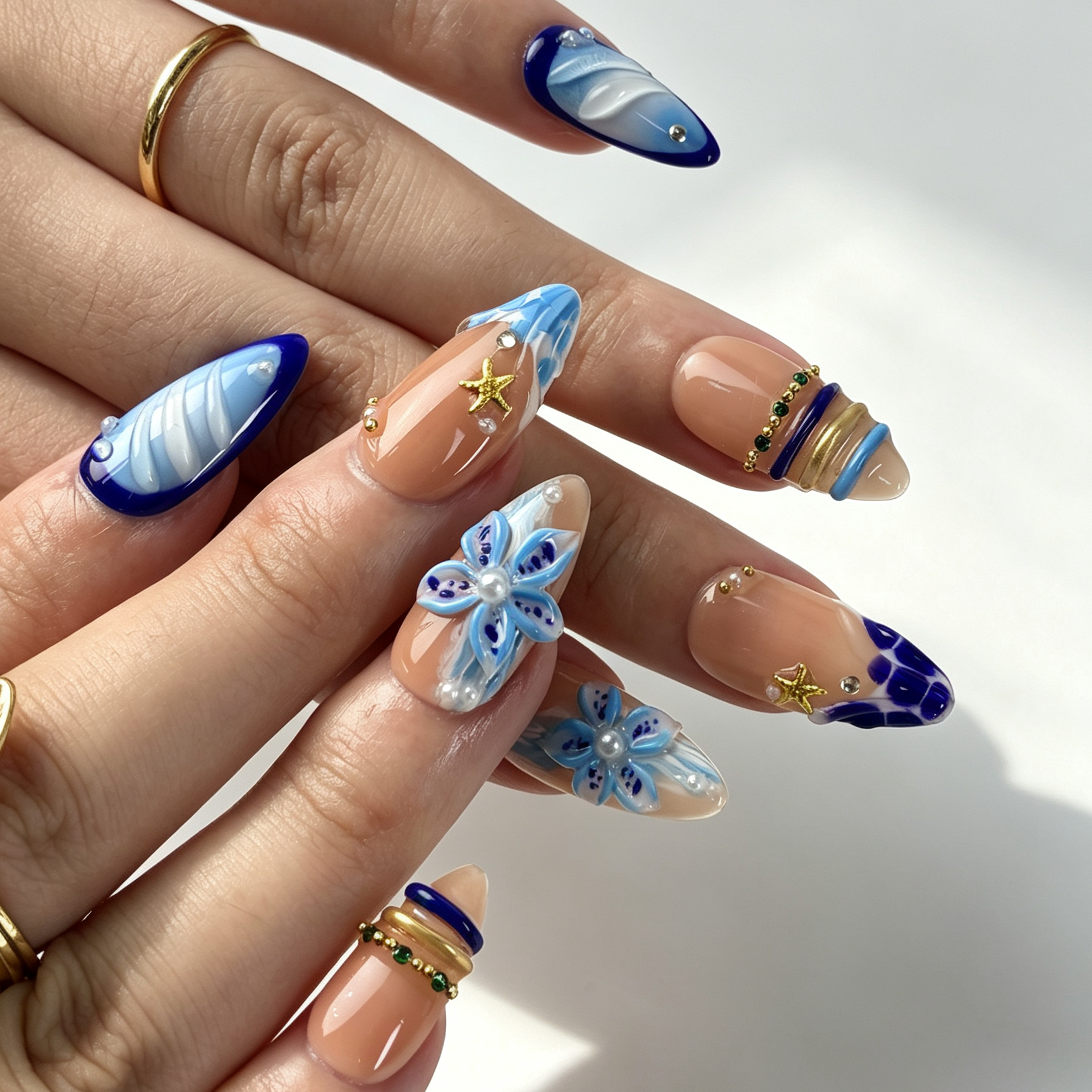 Tropical Ocean Floral Press On Nails, Medium Almond Nude Fake Nails