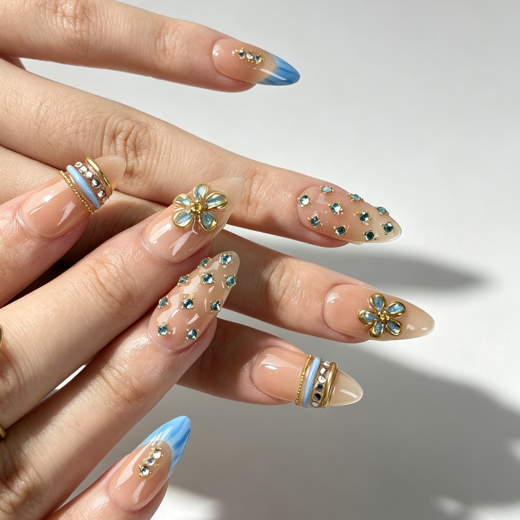 Minimal Blue Rhinestone Floral Press On Nails, Medium Almond Nude Fake Nails