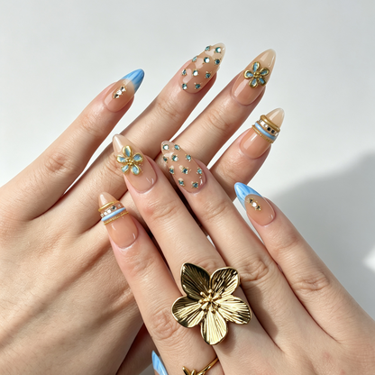 Fresh Summer Press On Nails, Nude Blue French Gradient Rhinestone Flower Nails on Hand