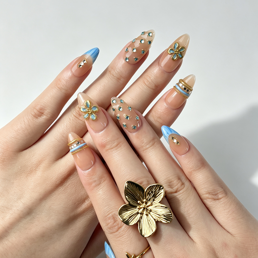 Fresh Summer Press On Nails, Nude Blue French Gradient Rhinestone Flower Nails on Hand