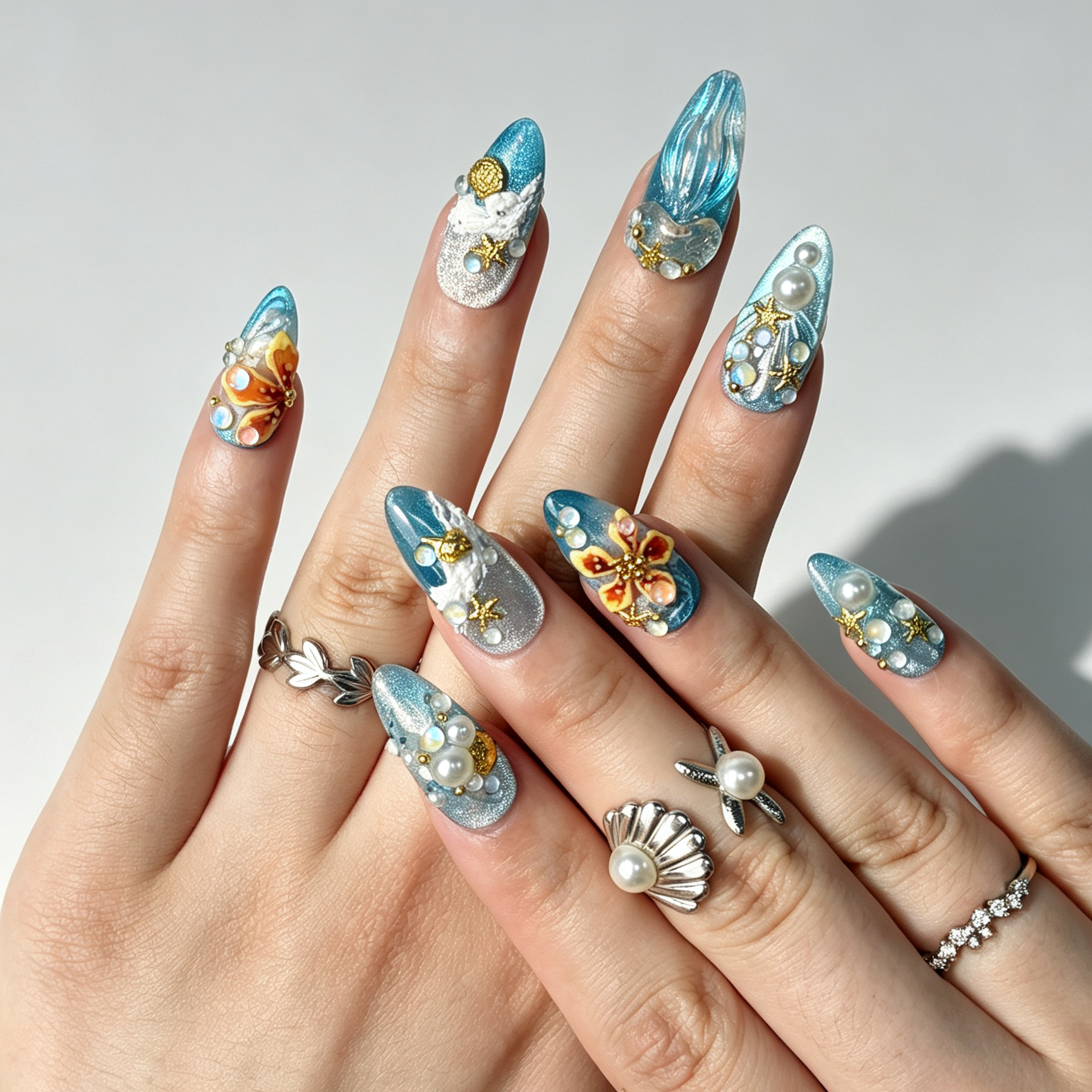 Close Up Beach Nail Art, 3D Jellyfish Butterfly Starfish Shell Multi-size Pearl Cat Eye Decor