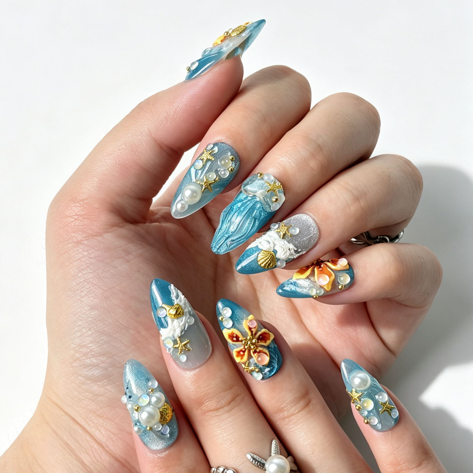 Summer Ocean Mermaid Press On Nails, Medium Almond Blue Cat Eye Fake Nails