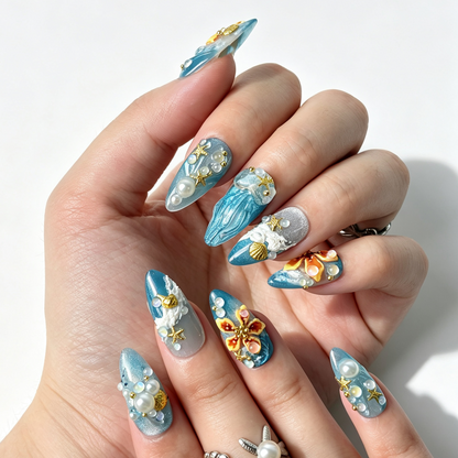 Summer Ocean Mermaid Press On Nails, Medium Almond Blue Cat Eye Fake Nails