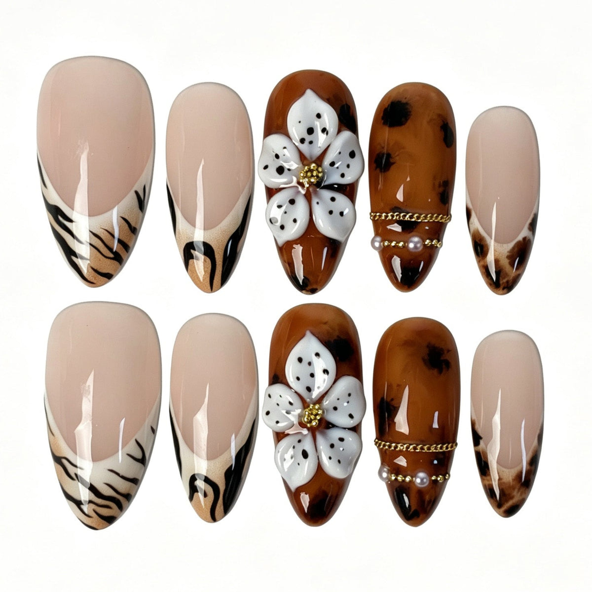 Handmade almond press on nails, sheer nude tortoiseshell amber ombre tiger French tip 3D flower false nails for women