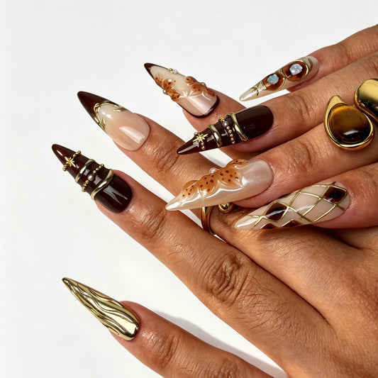 Amber Butterfly handmade stiletto press on nails, vintage maillard gold butterfly nail art on hand
