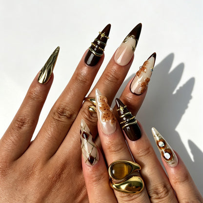Vintage maillard stiletto false nails, tortoiseshell amber gradient, 3D gold butterfly, gold wire grid and shell inlay