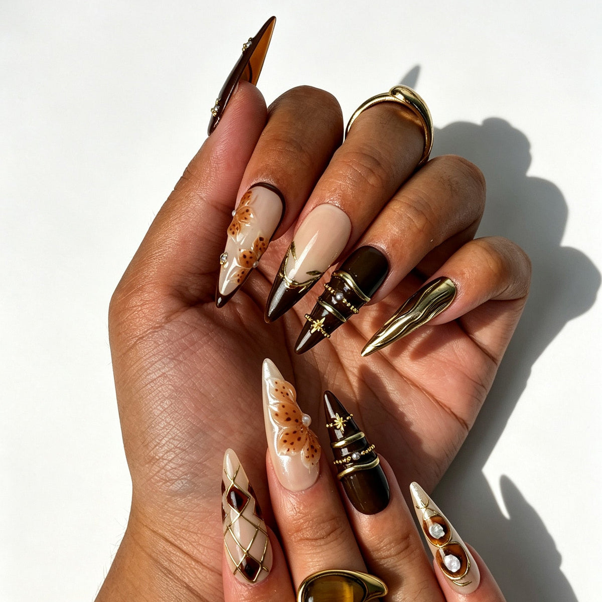 Handcrafted stiletto press on nails, gold butterfly design for autumn daily wear, date nights and retro outfits