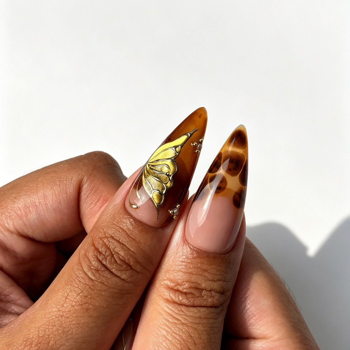 Vintage stiletto press on nails, tortoiseshell amber gradient, 3D gold butterfly, gold wire grid, shell inlay and brown speckle