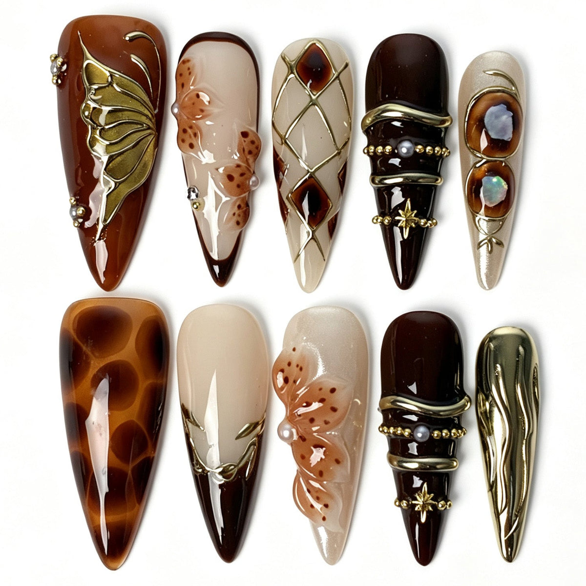 Handmade stiletto press on nails, tortoiseshell amber gradient 3D gold butterfly gold wire grid shell inlay vintage false nails for women