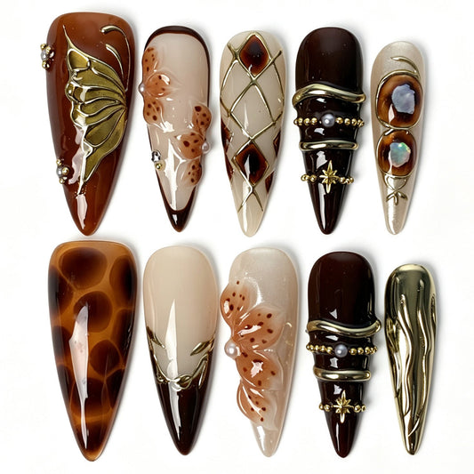 Handmade stiletto press on nails, tortoiseshell amber gradient 3D gold butterfly gold wire grid shell inlay vintage false nails for women