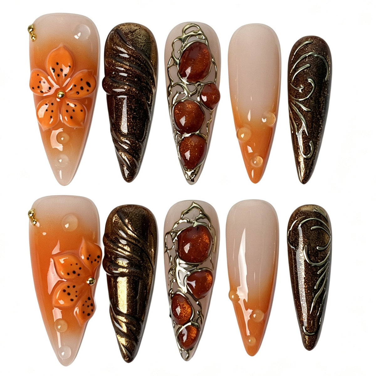 Handmade stiletto press on nails, nude orange gradient 3D orange flower amber cabochon boho luxury false nails for women