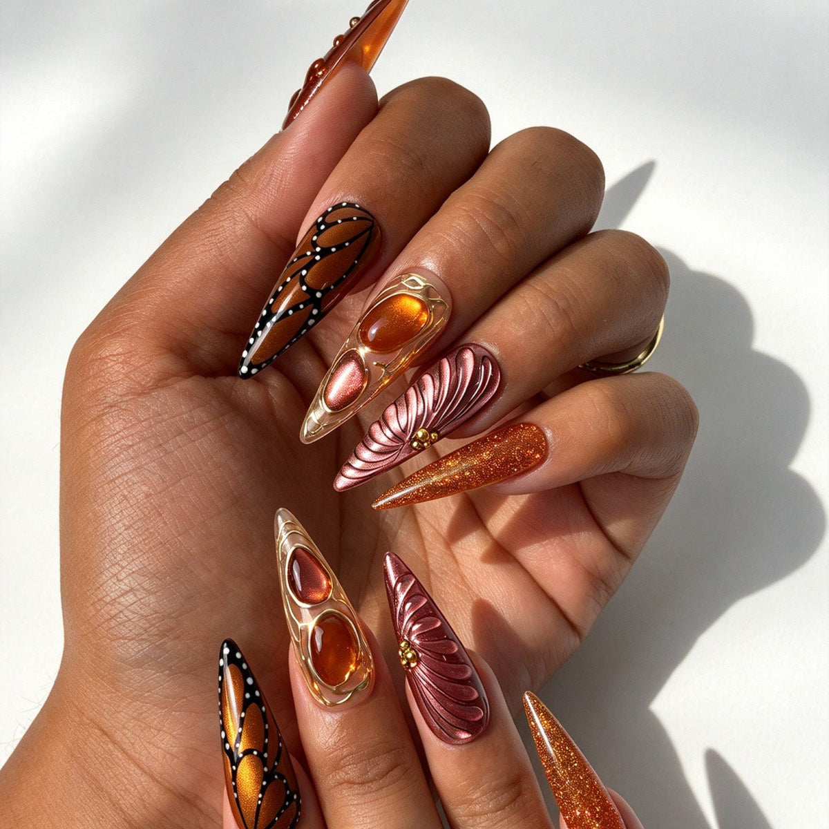 Handcrafted stiletto press on nails, whimsical autumn butterfly nail art for Halloween and date nights