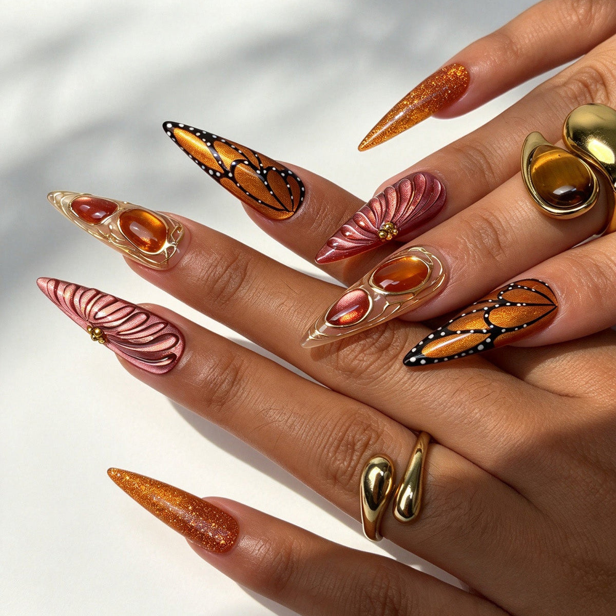 Amber Flutter handmade long stiletto press on nails, orange shimmer butterfly wing 3D gem feather false nails