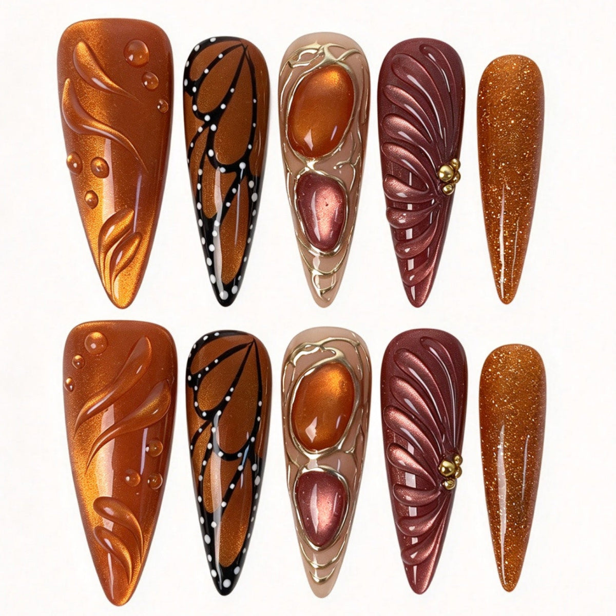 Amber Flutter handmade long stiletto press on nails, orange shimmer butterfly wing 3D gem feather false nails
