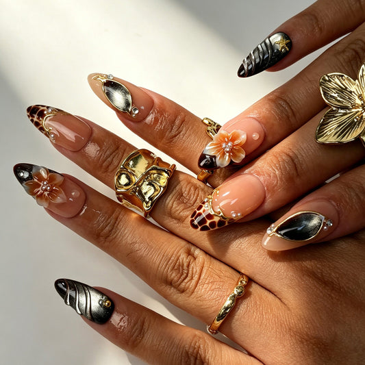 Amber Reef handmade almond press on nails, dreamy seaside retro brown cat eye shell gem nail art on hand