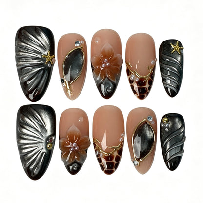 Handmade almond press on nails, nude pink brown cat eye 3D shell gem pearl tortoiseshell seaside false nails for women