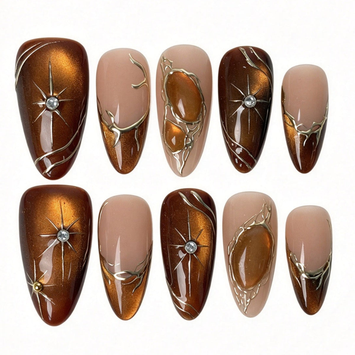 Handmade almond press on nails, amber cat eye nude gradient gold cracked line star rhinestone false nails for women