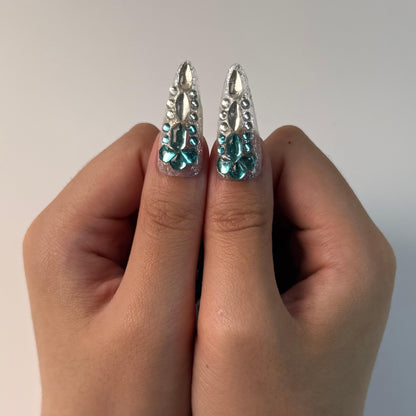 Sparkly Blue Rhinestone Press On Nails, Long Stiletto Silver Fake Nails