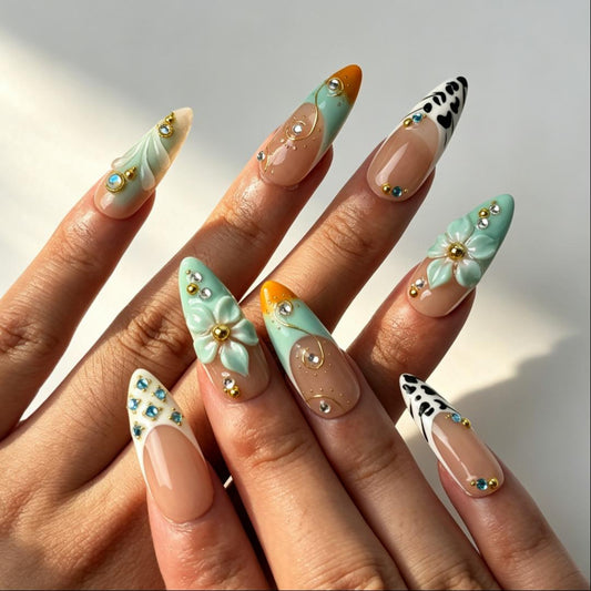 Mint Leopard fresh almond press‑on nails hand manicure view