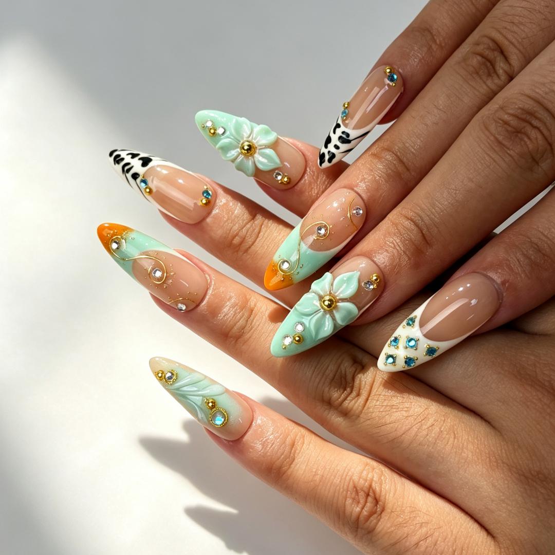 Aqua Tangerine vibrant long almond false nails close-up, mint orange gradient flower leopard daily manicure
