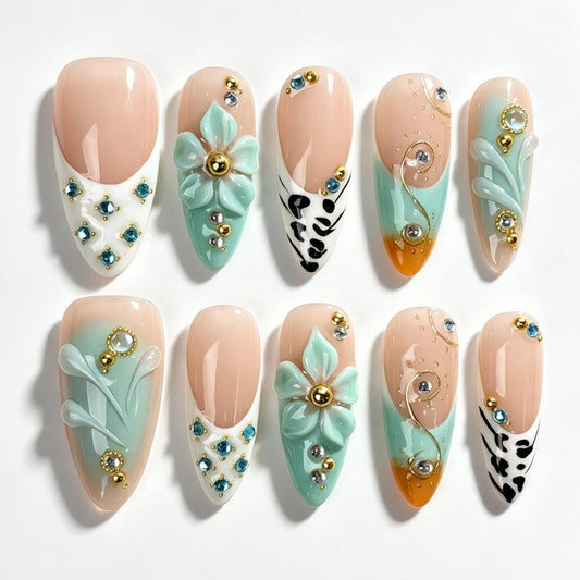 Mint Leopard almond press‑on nails, mint green leopard print 3D flower rhinestone fake nails