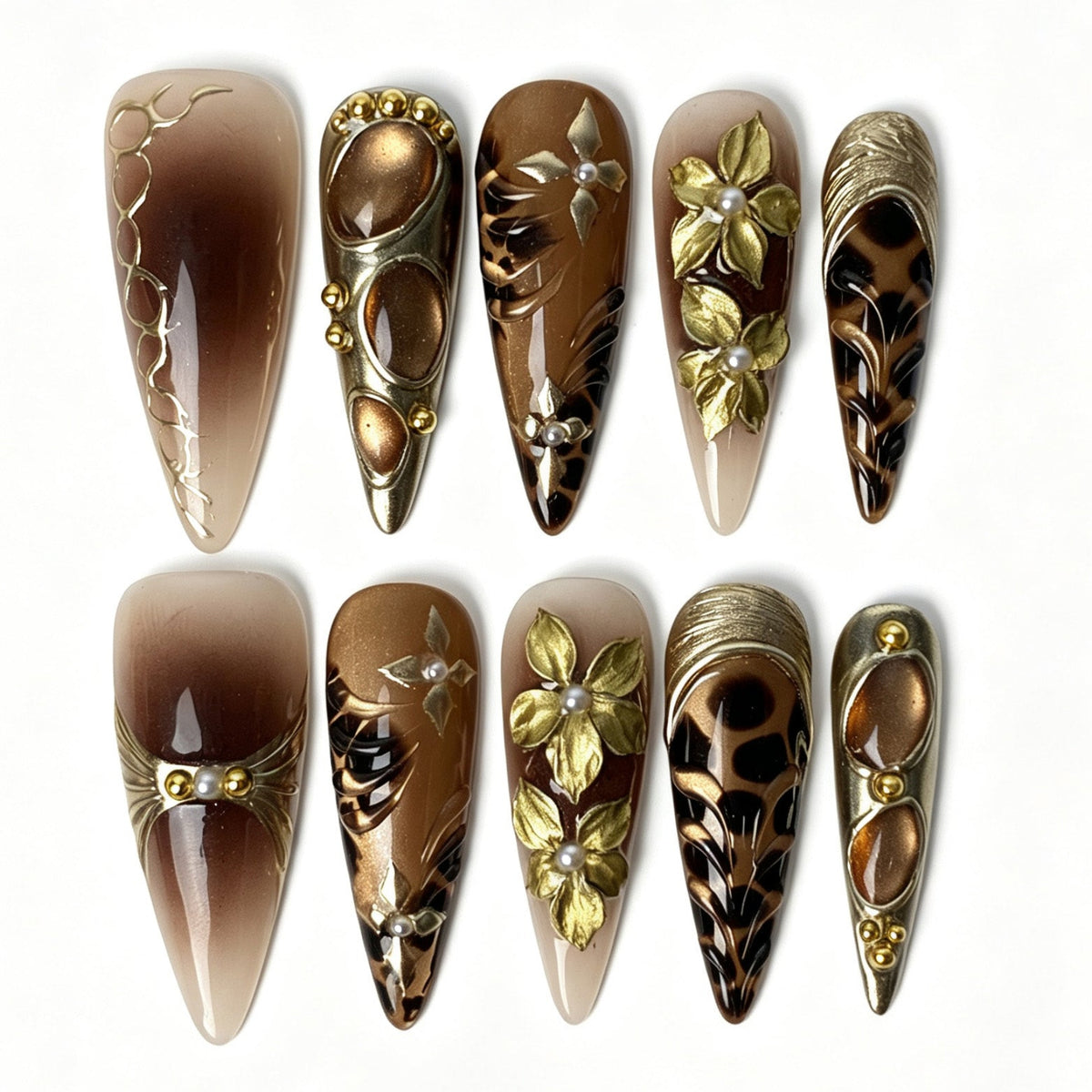 Aureate Feline stiletto press‑on nails,gold leopard print with 3D carved gold flower nail art