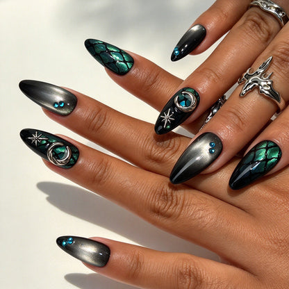Model hand wearing Azure Seraph almond celestial ocean reusable press on nails