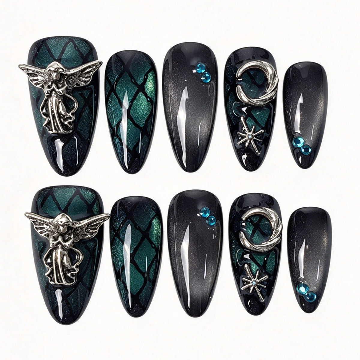 Azure Seraph handmade almond press on nails teal cat eye crackle mesh silver angel wing moon star rhinestone false nails