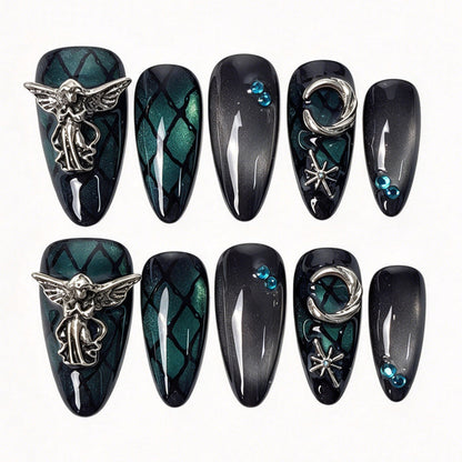 Azure Seraph handmade almond press on nails teal cat eye crackle mesh silver angel wing moon star rhinestone false nails