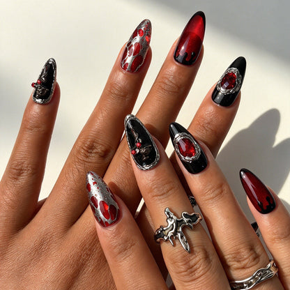 Handcrafted almond press on nails, romantic gothic Halloween blood drip nail design