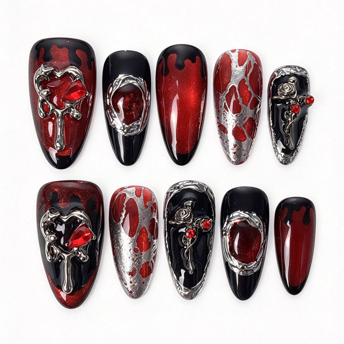 Blood Oath handmade almond press on nails, black red gradient blood drip French tip silver frame red gem gothic