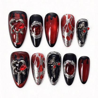Blood Oath handmade almond press on nails, black red gradient blood drip French tip silver frame red gem gothic