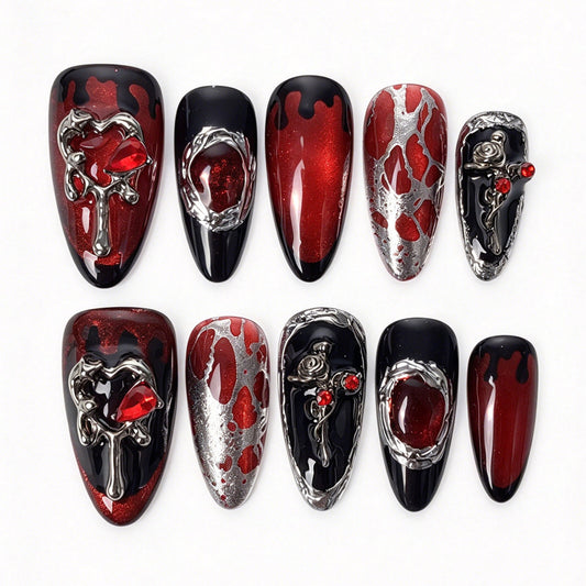 Blood Oath handmade almond press on nails, black red gradient blood drip French tip silver frame red gem gothic