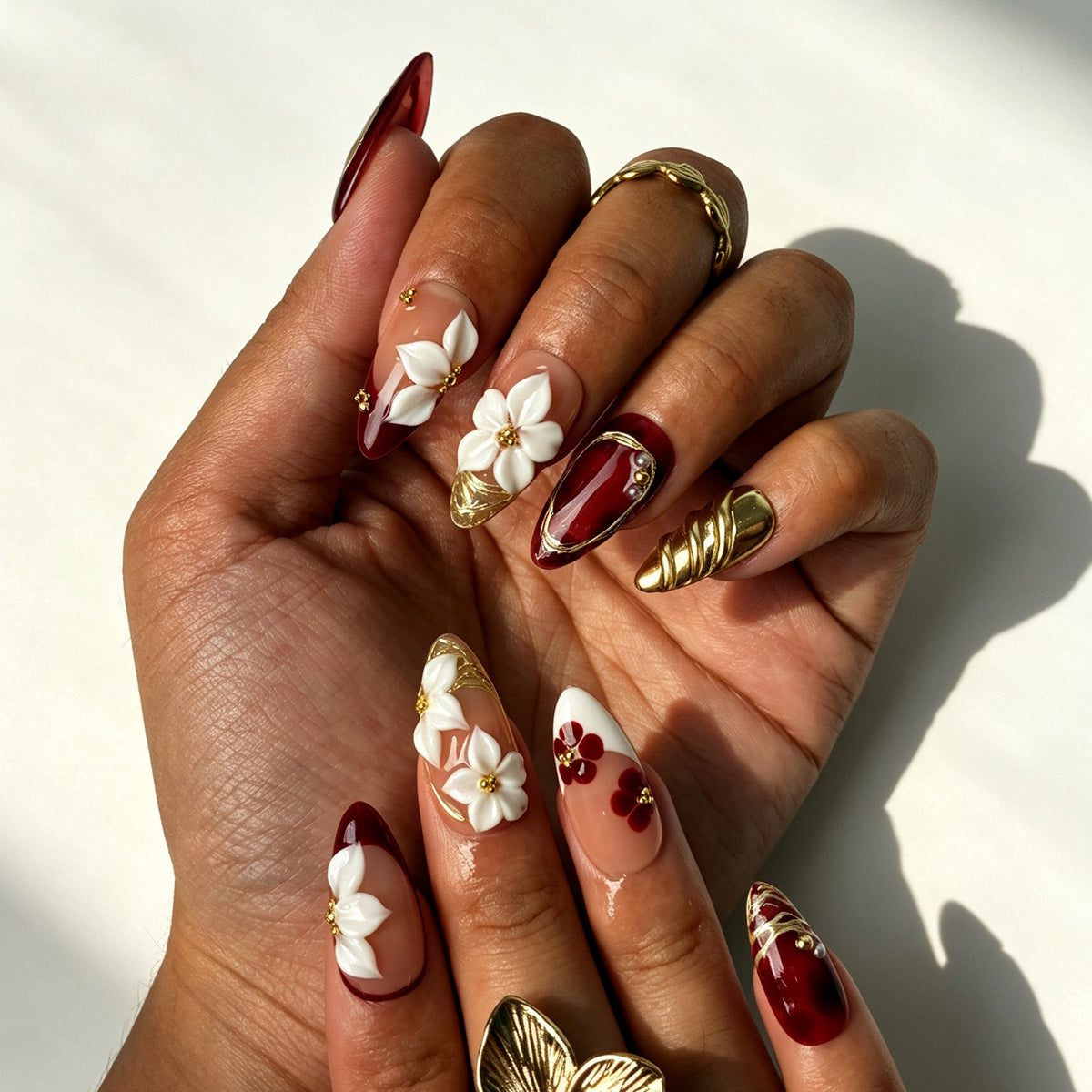 Handcrafted almond press on nails, burgundy ombre 3D flower nail design for wedding and special events
