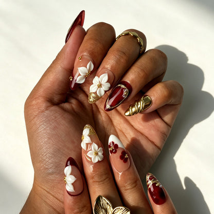 Handcrafted almond press on nails, burgundy ombre 3D flower nail design for wedding and special events
