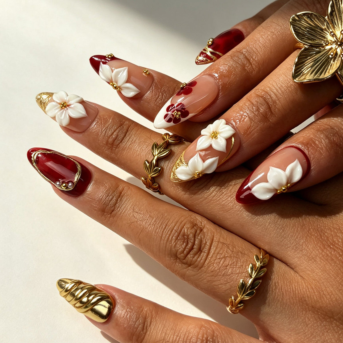Blush Bloom handmade almond press on nails, elegant burgundy ombre 3D flower bridal nail art on hand